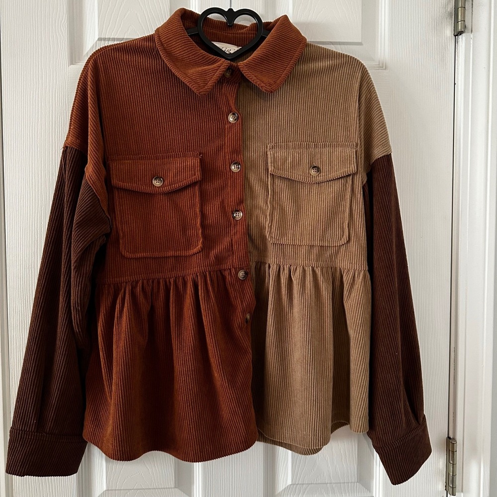 New In Colorblock Corduroy Peplum Shirt Brown Tan Button Women's Sm fits M L - Picture 2 of 7